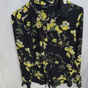 Floral Black and Yellow Button-Up Blouse